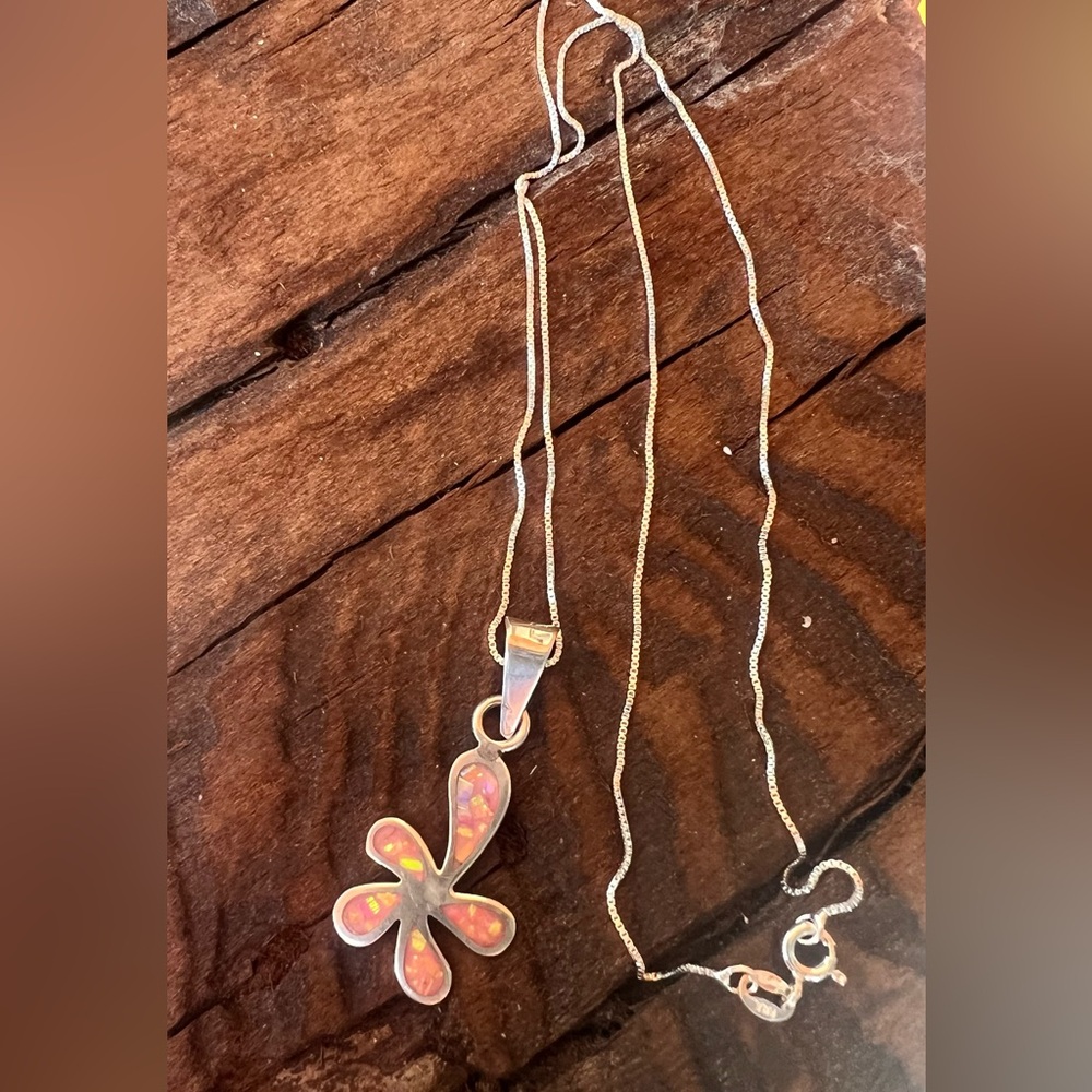 TAXCO Mexico Sterling Necklace Flower Pendant White Opal Inlay Pink Green Yellow